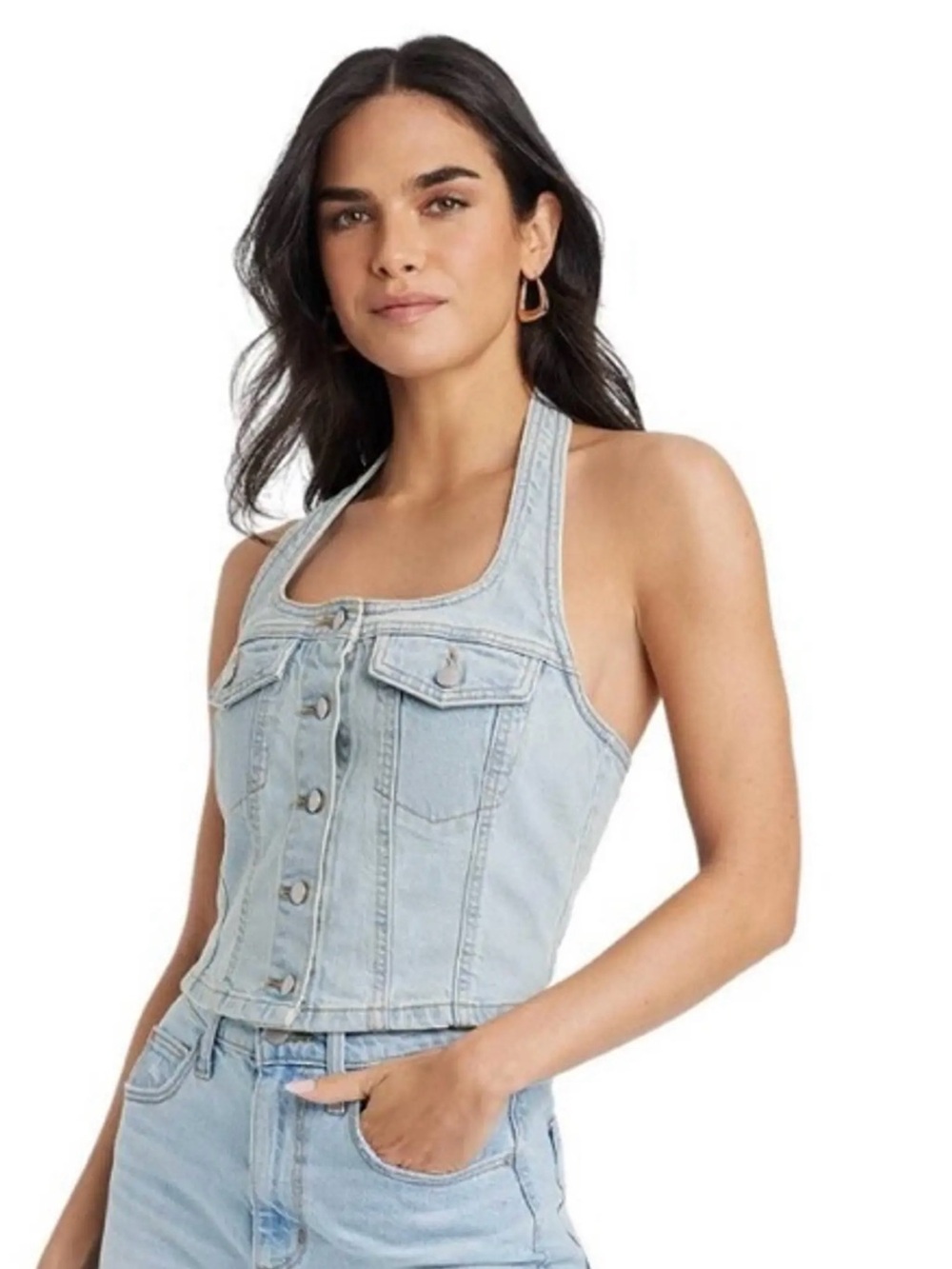 Universal Thread Light Wash Denim Halter Top Size XS NWT
